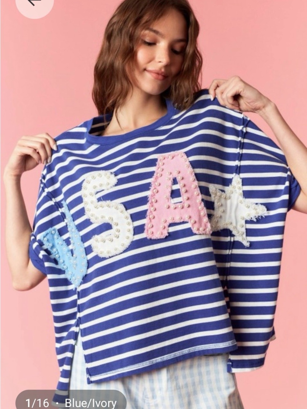 Striped Blue & Ivory Embellished 'USA' Oversized Tee
